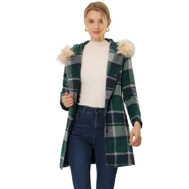 Abrigo de invierno de un solo pecho para mujer Allegra K Gabardina larga a cuadros con capucha Verde L
