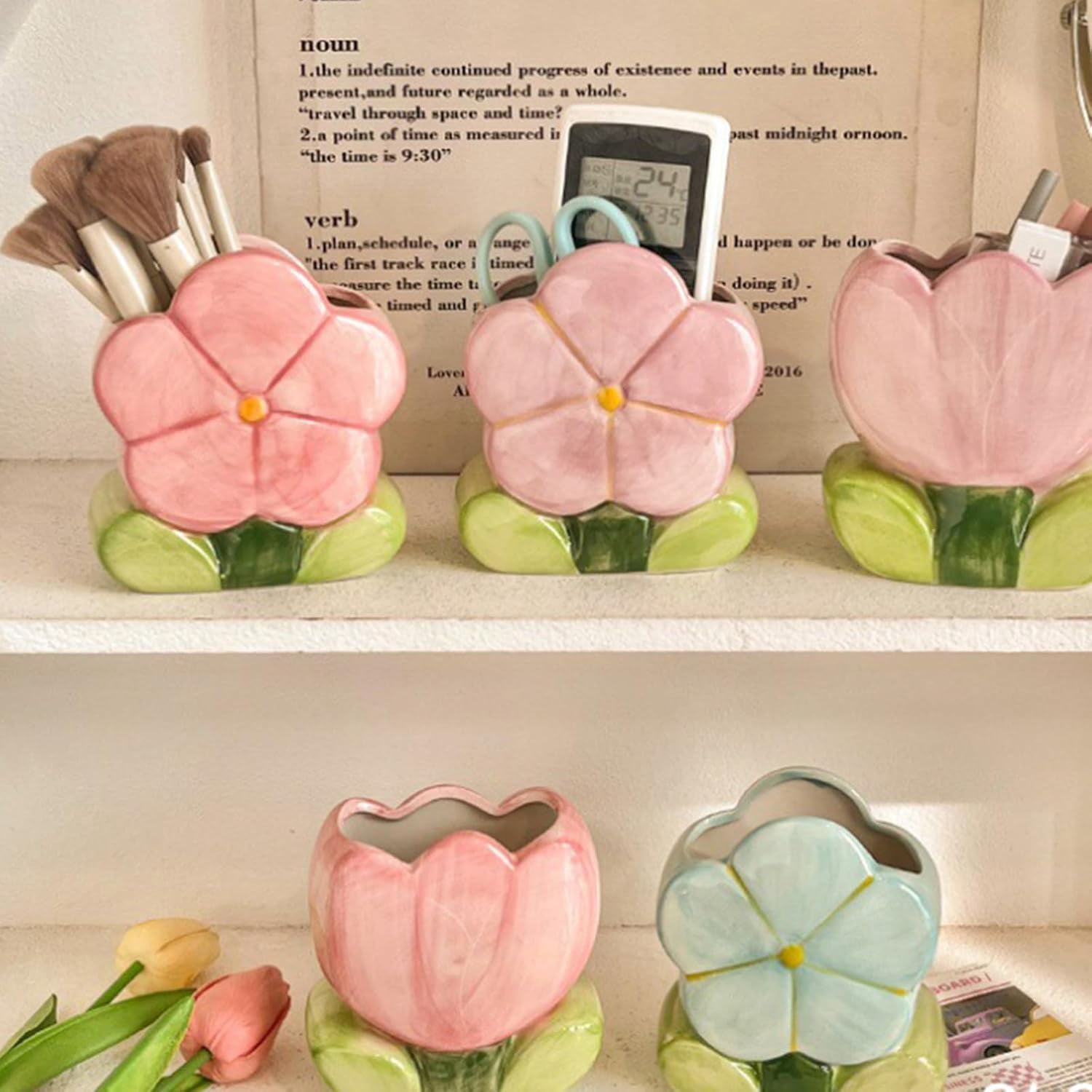 Pen Holder for Desk Tulips Vase Decor Aesthetic Cute Toothbrush Holder Pencil Holder for Office Makeup Brush Holder Yellow Kawaii Desk Accessories Home Decor Birthday Gifts for Women