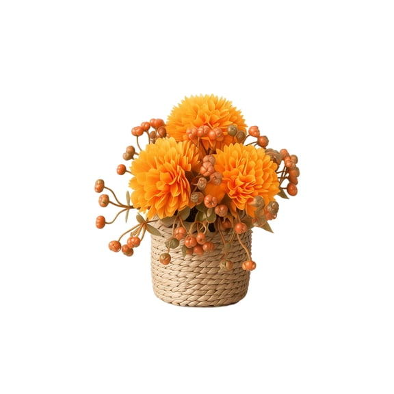 Artificial Flowers Orange Chrysanthemum Arrangement in Woven Seagrass Pot for Thanksgiving Fall Home Kitchen and Table Decor