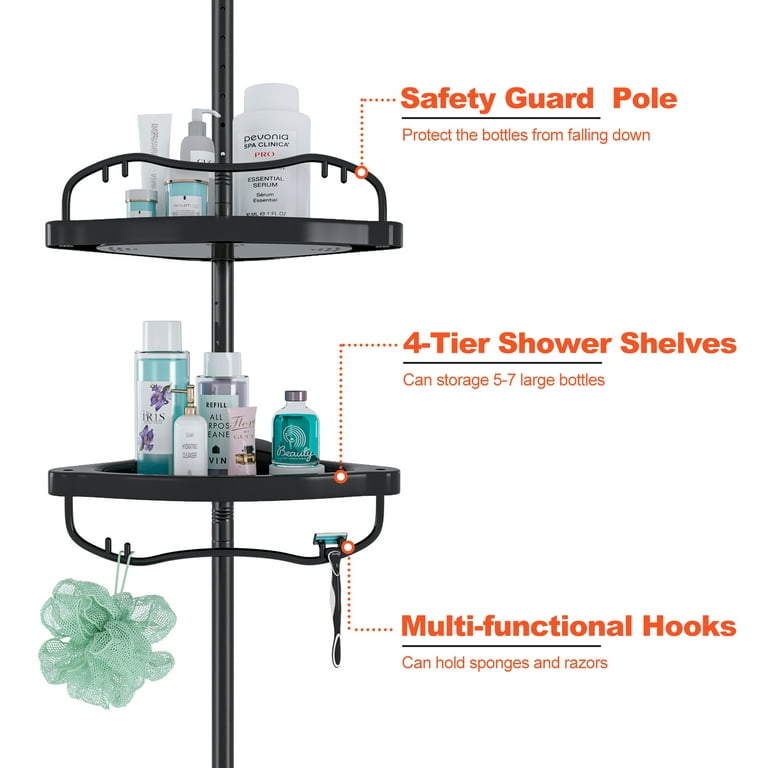 Shower Caddy Corner,39-125in Adjustable Tension Pole Shower Organizer for  Bathroom,Rustproof Bathtub Storage Holder with 4 ABS Plastic Shelves for