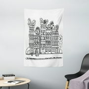 Interestprint Decor Tapestry, Sketchy Hand Drawn Cartoon House Apartment Trees Kids Nursery Room, Wall Hanging for Bedroom Living Room Dorm Decor, 40W X 60L Inches, Black and White, by Ambesonne