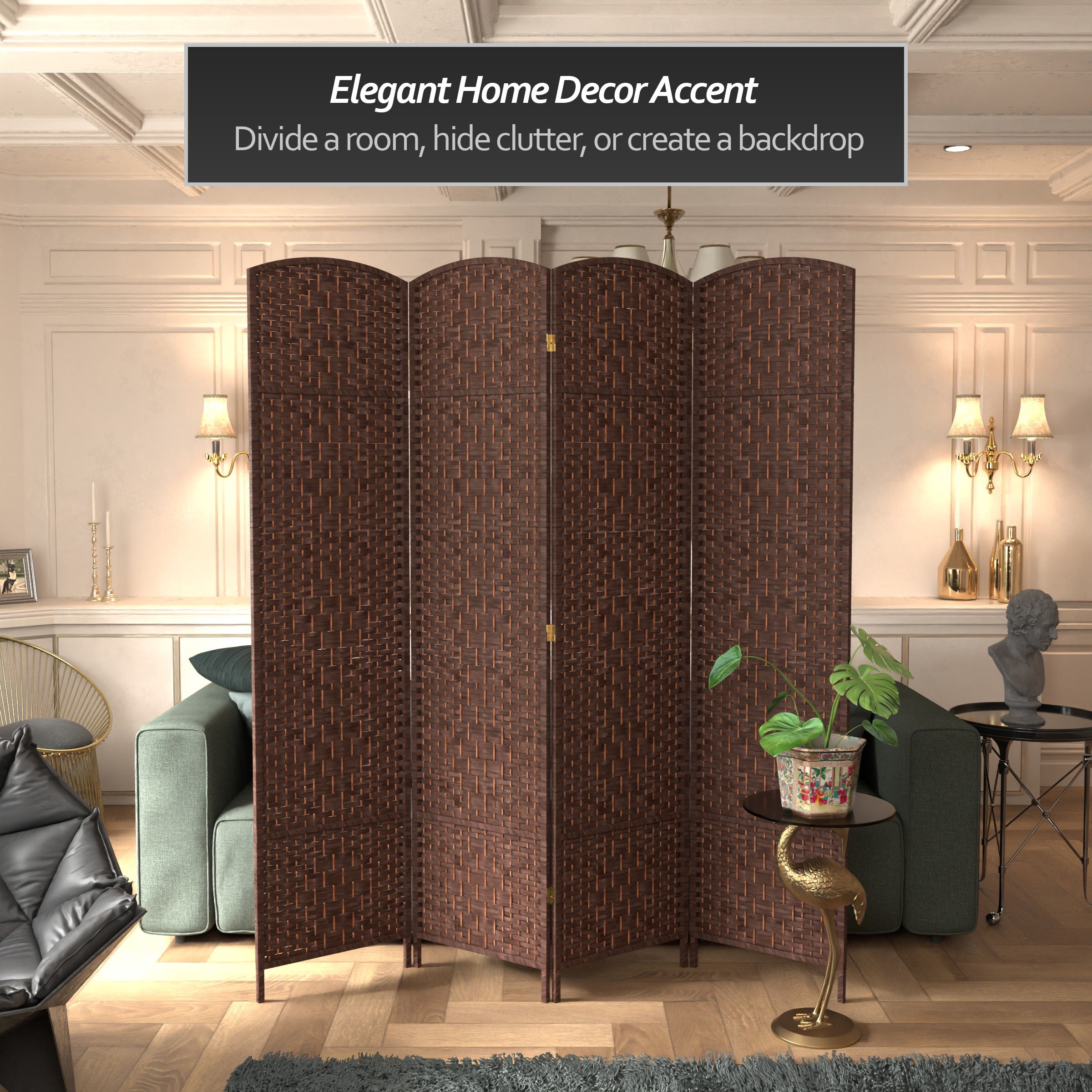 7 ft. Tall Rattan Fiber Diamond Weave Privacy Screen Room Divider - Dark Mocha - 4 Panels