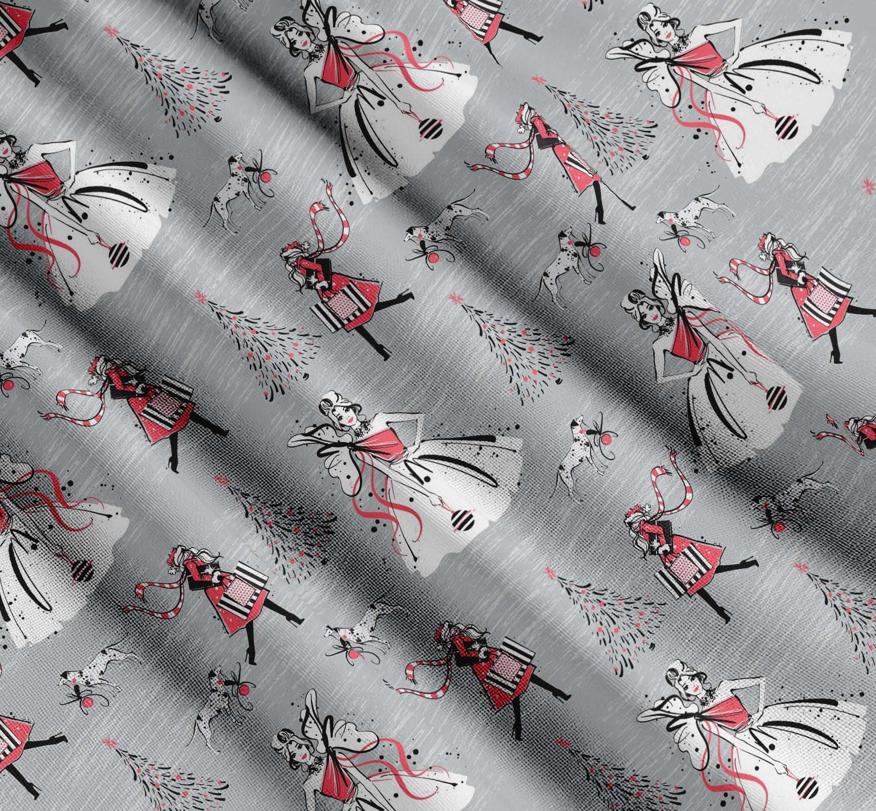 Soimoi Cotton Cambric Fabric Dog,Women & Tree Christmas Print Fabric by the Yard 42 Inch Wide