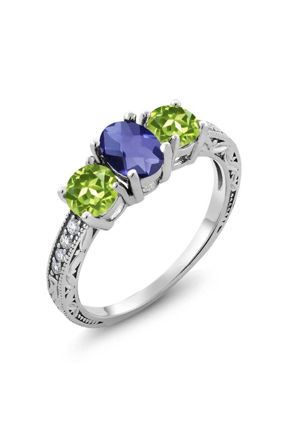 1.77 Ct Oval Checkerboard Blue Iolite Green Peridot 925 Sterling Silver Ring