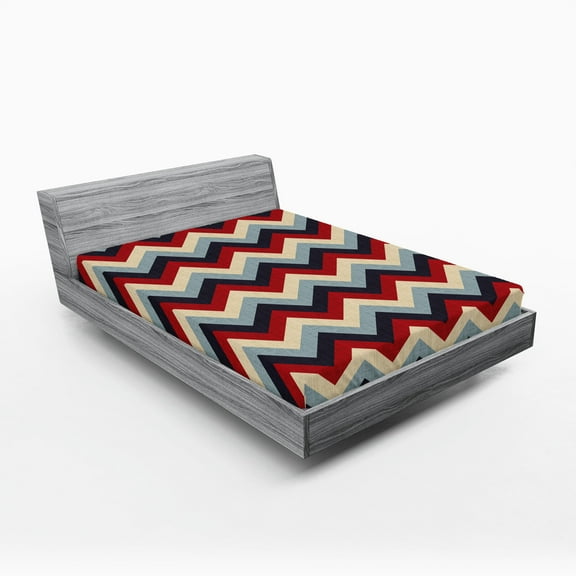 Ambesonne Chevron Fitted Sheet, Retro Abstract Stripes, Full Size, Pale Blue Navy Blue