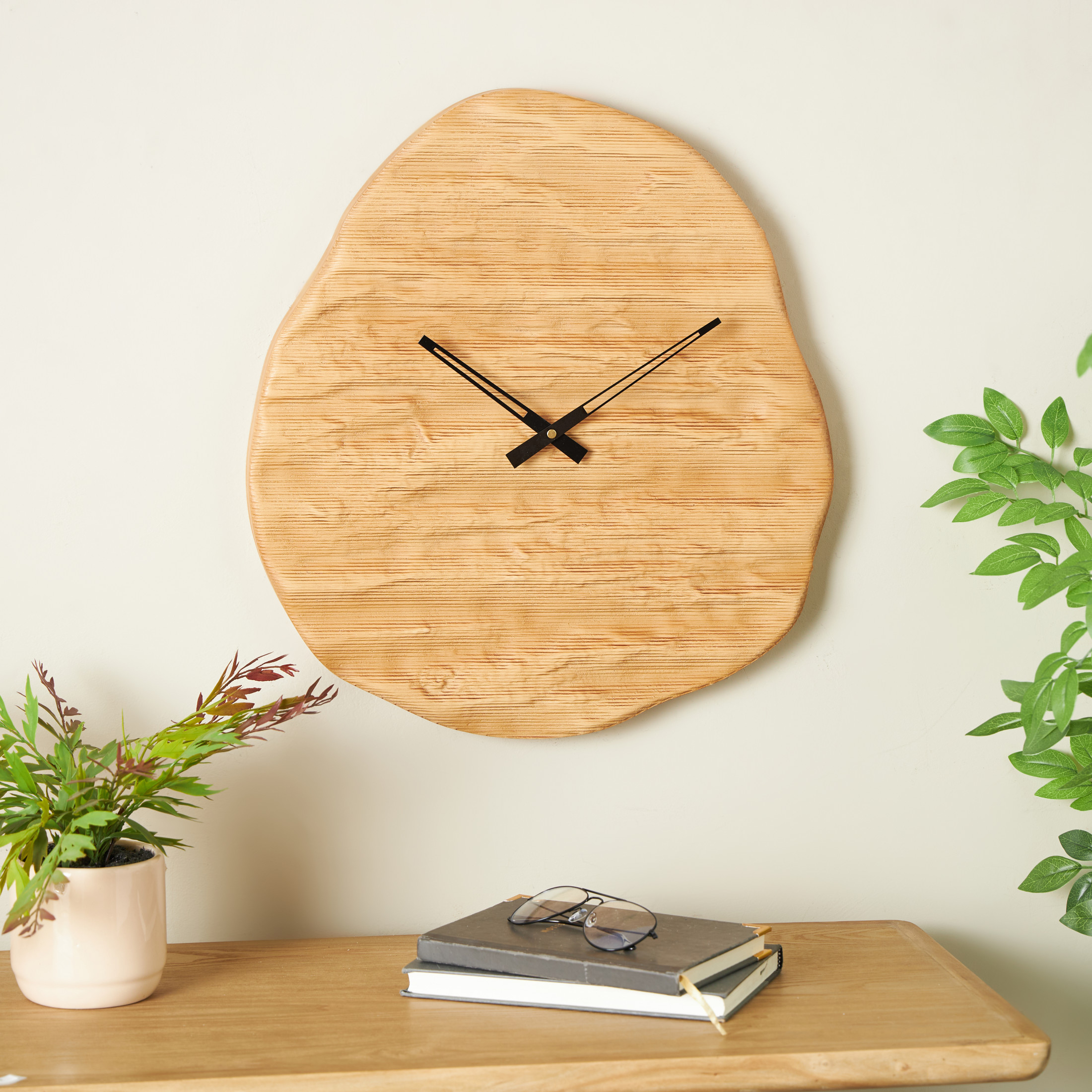 DecMode 19" Brown Wood Wavy Wall Clock with Black Accents