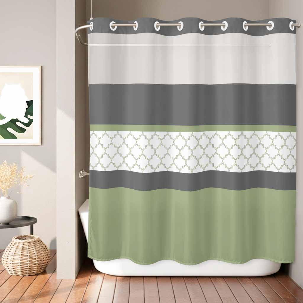 No Hook Shower Curtains for Bathroom Sage Green Morocco Waterproof Shower Curtain Decorative Modern Stitching Geometric Striped Grey Bath Tub Bath Curtains with See Through Top Window 72x72 Inch