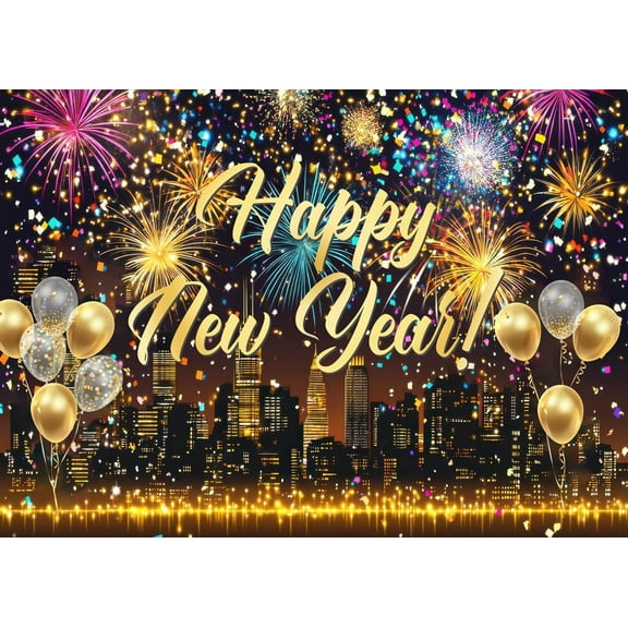 6x4FT Happy New Year Backdrop Colorful Fireworks Cheers to New Year Photography Background Night City Skyline Scene Golden Balloons New Year's Eve Party Decorations Banner Supplies Photo Booth Props