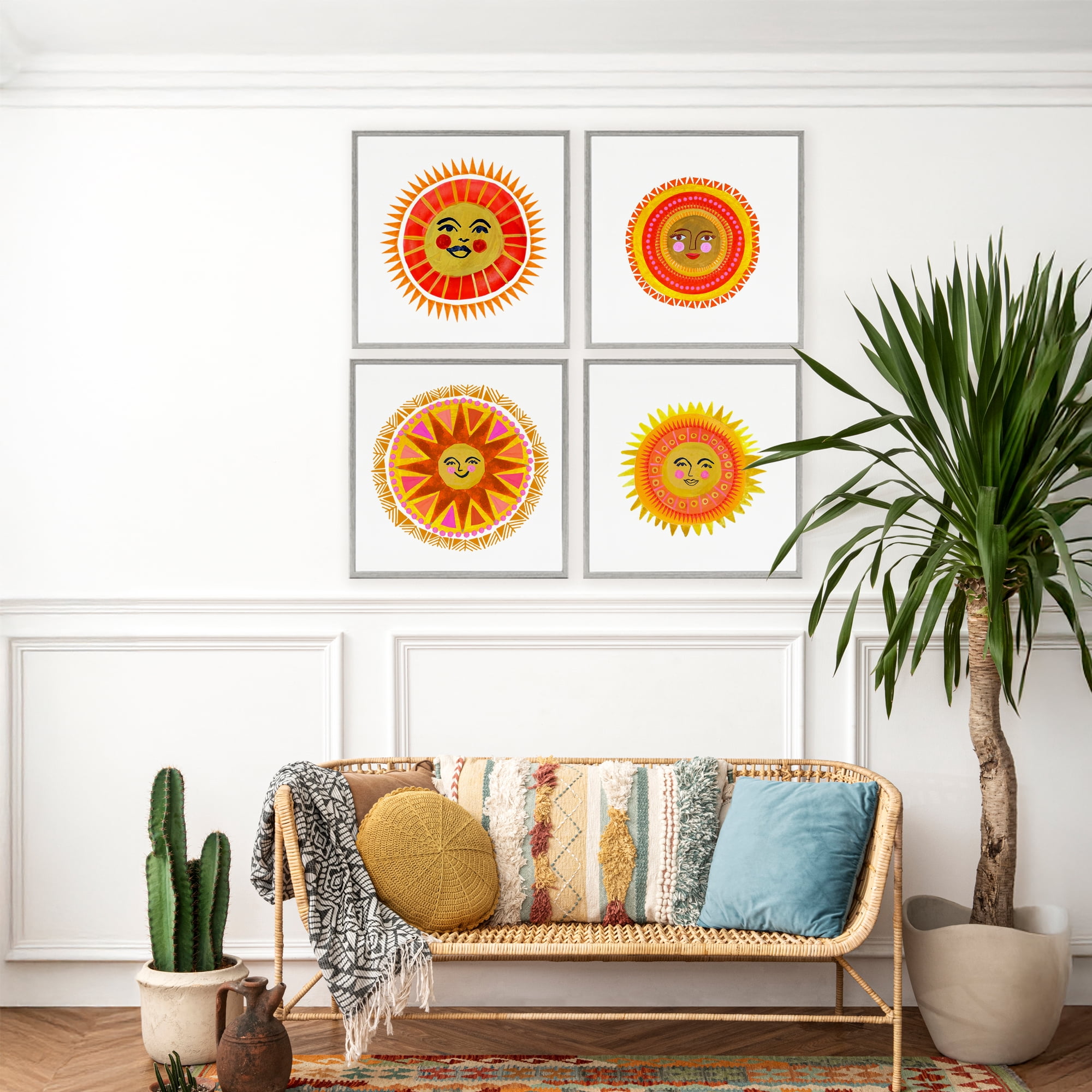 Stupell Industries Warm Happy Suns 4 Piece Gray Framed Giclee Art Set, design by Katherine Herrell Studio