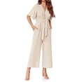thumbnail image 3 of Summer V-neck Womens Wide Leg Jumpsuits Short Sleeve Tie Knot Front Long Romper, 3 of 6