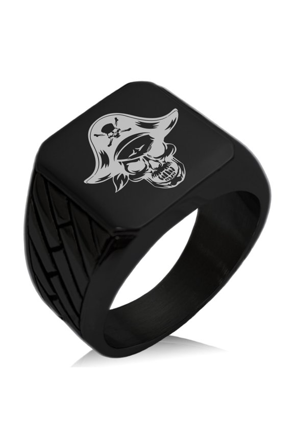 Stainless Steel Pirate Captain Skull Geometric Pattern Biker Style Polished Ring