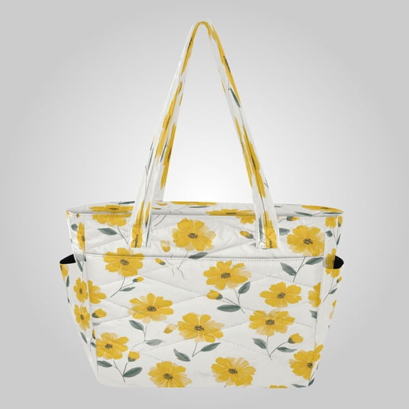 Quilted Tote Bag Large Capacity Multi-Compartment Handbag Lightweight Structured Shoulder Bag Versatile Casual Bag Spring Yellow Daisy Floral