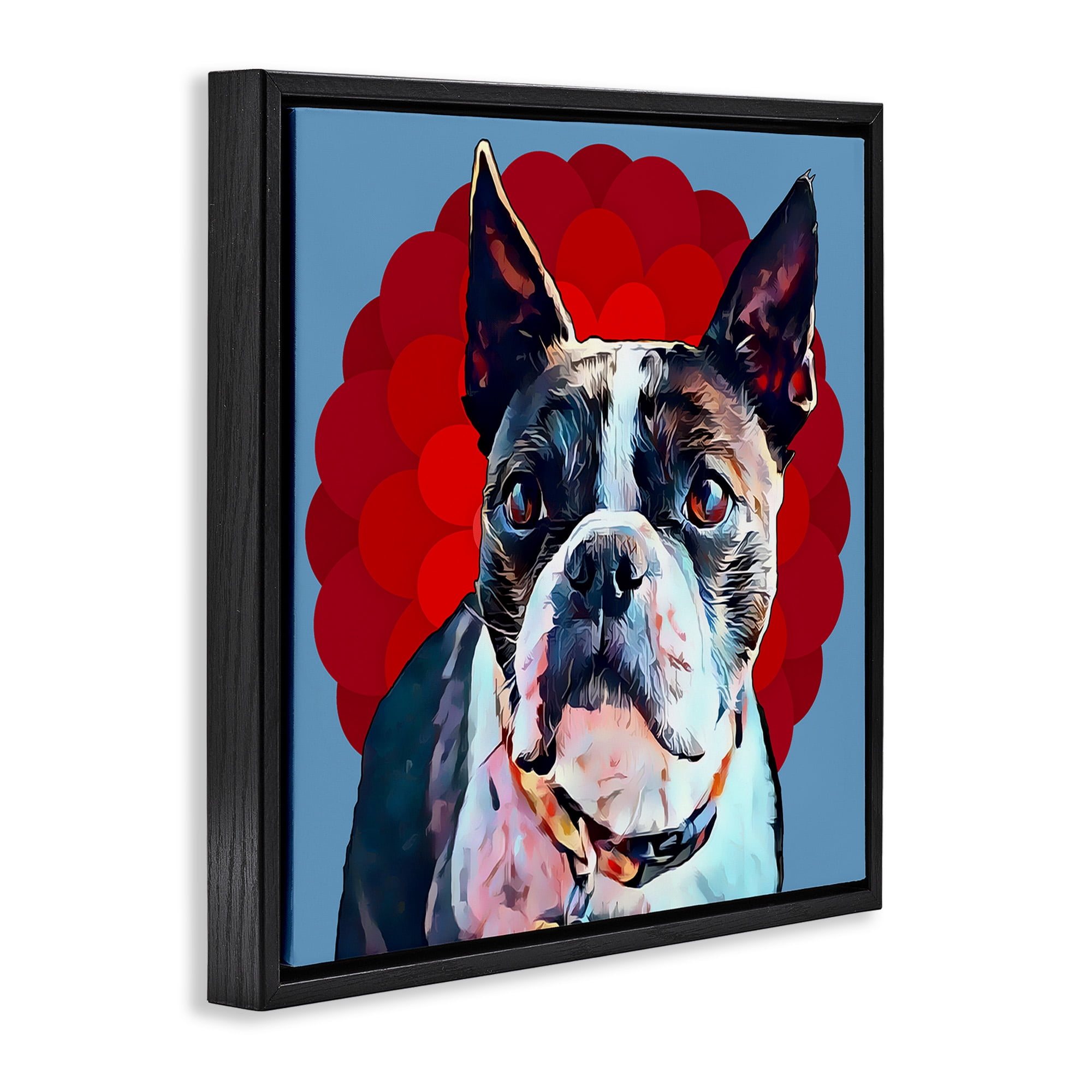 Stupell Industries Boston Terrier Dog over Geometric Animals & Insects Painting Black Floater Framed Canvas Art Print Wall Art, 18 x 18