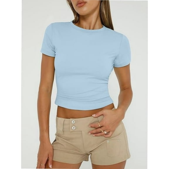 Womens Basic Short Sleeve Slim Fit T Shirts Soft Crewneck Crop Tee Summer Cute Gym Fashion Clothes