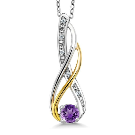 Gem Stone King 2 Tone 10K Yellow Gold and 925 Sterling Silver Purple Amethyst and Diamond Women Infinity Pendant Necklace (0.28 Cttw, Round Gemstone Birthstone with 18 inch Chain)