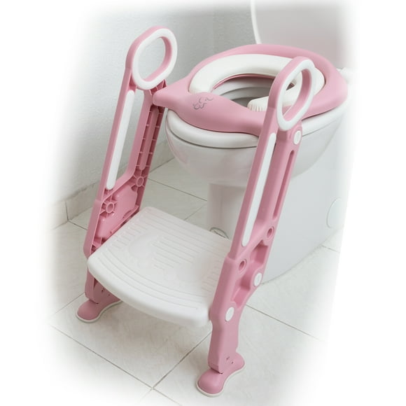 Asiento Entrenador Papubaby para Inodoro con Escalera Acolchado Rosa-Blanco