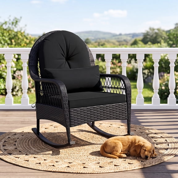 Gymax Wicker Rocking Chair 400 LBS Patio Rattan Rocker Chair w/Thick Cushions Outdoor Black