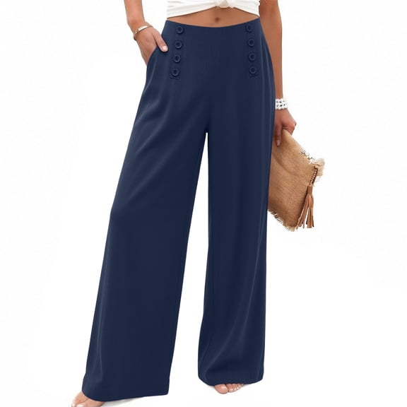 Mifsaly Wide Leg Lounge Pants for Women Side Button High Waisted Wide Leg Work Pant Comfortable Flowy Loose Casual Business Office Clothes with Pockets Navy,M