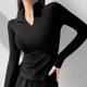 thumbnail image 3 of Camisa de manga larga entallada para mujer, estilo otoñal, diseño con cremallera, dobladillo curvo, camiseta irregular, 3 of 6