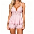 thumbnail image 2 of Fatuov Women's Lace Pajama Set V-Neck Camisole Sleepwear for Sleep, Home Comfortable PJ Sets with Elastic Waist Slit Shorts, Pink, Size S-XL, 2 of 5