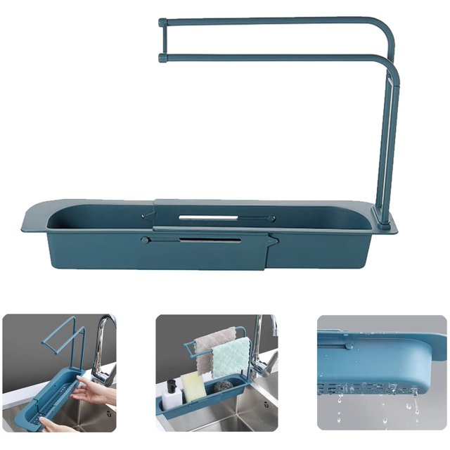 Telescopic Sink Rack Holder Expandable Storage Drain Basket Sink Caddy for Home Kitchen Kit - Blue