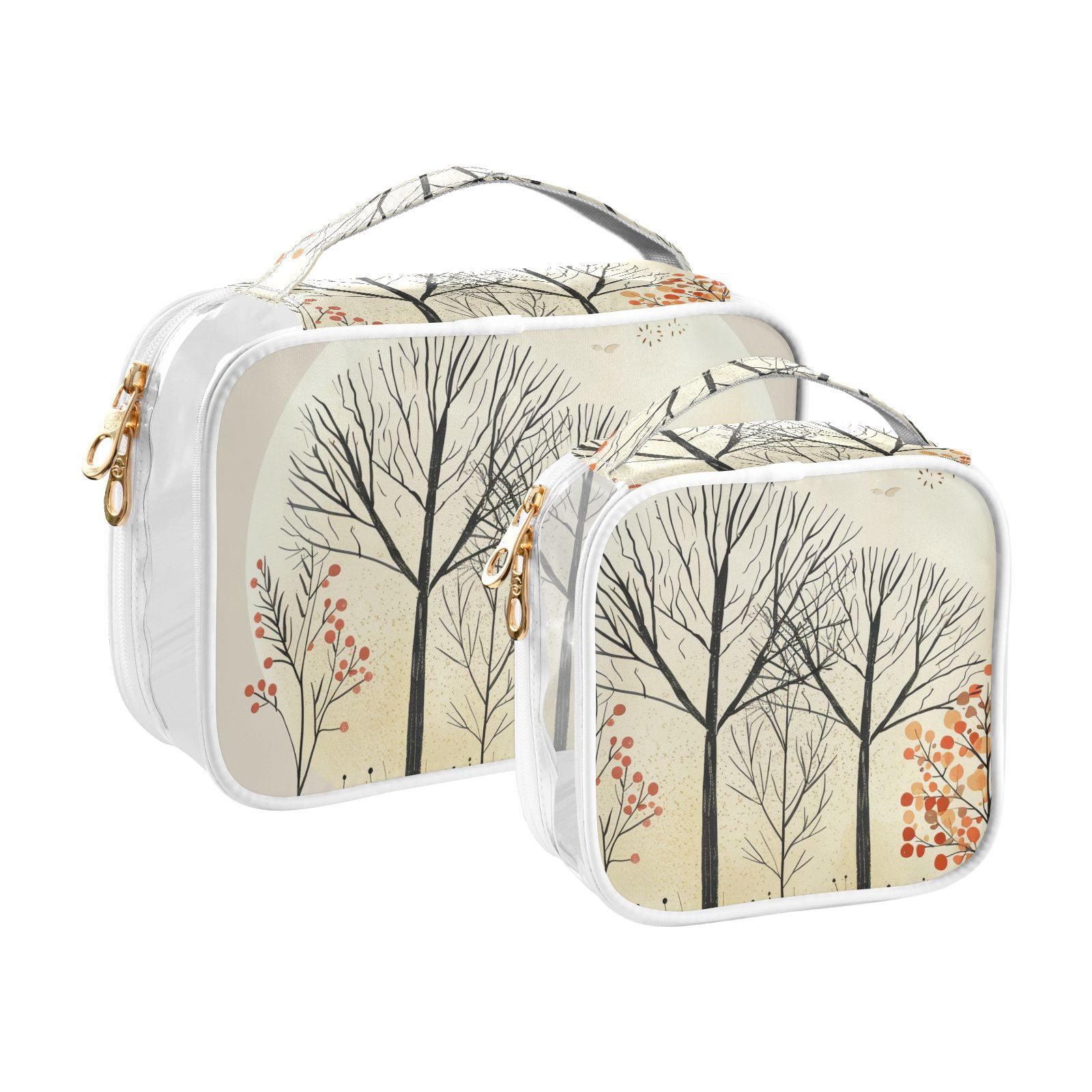 Clear Makeup Bags with Handle Large Opening 2 Pack Set Toiletry Bag Quart Size Bag, for Women Man Traveling Travel Essentials, Toiletries and Other. Hand Drawn Forest