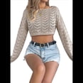 thumbnail image 2 of Blusa de Punto con Cuello Redondo y Mangas Largas para Mujer, Estilo Crochet Calado Caqui M, 2 of 7