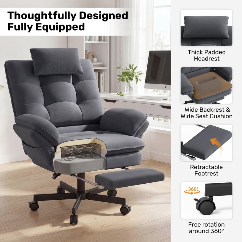 Hawsaiy Big and Tall Office Chair with Footrest, Ergonomic Executive Desk Chair with Flip-Up Arms, Reclining High Back Computer Chair with Headrest & Side Pockets, Dark Gray