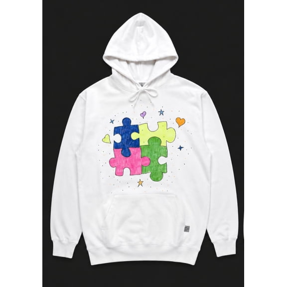 Autism Awareness Puzzle Piece Graphic Hoodie – White Pullover Fleece Sweatshirt with Front Pocket