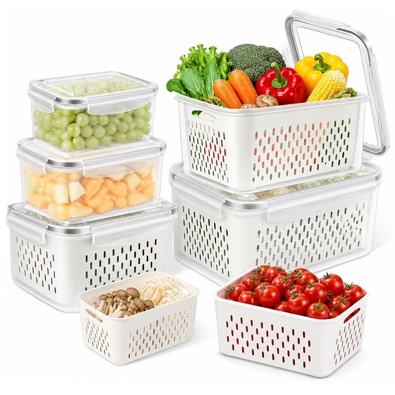 5 Pack Fruit Storage Containers for Fridge, Leakproof Plastic Bins with Removable Drain Colander, Stackable Produce Saver for Fresh Berry Lettuce Vegetable and Meat Storage