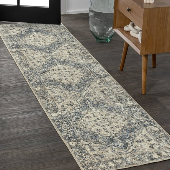 JONATHAN Y WASHABLE 2 x 8 Runner Rug, Pavel Distressed Medallion - Blue/Cream, WSH317A-28