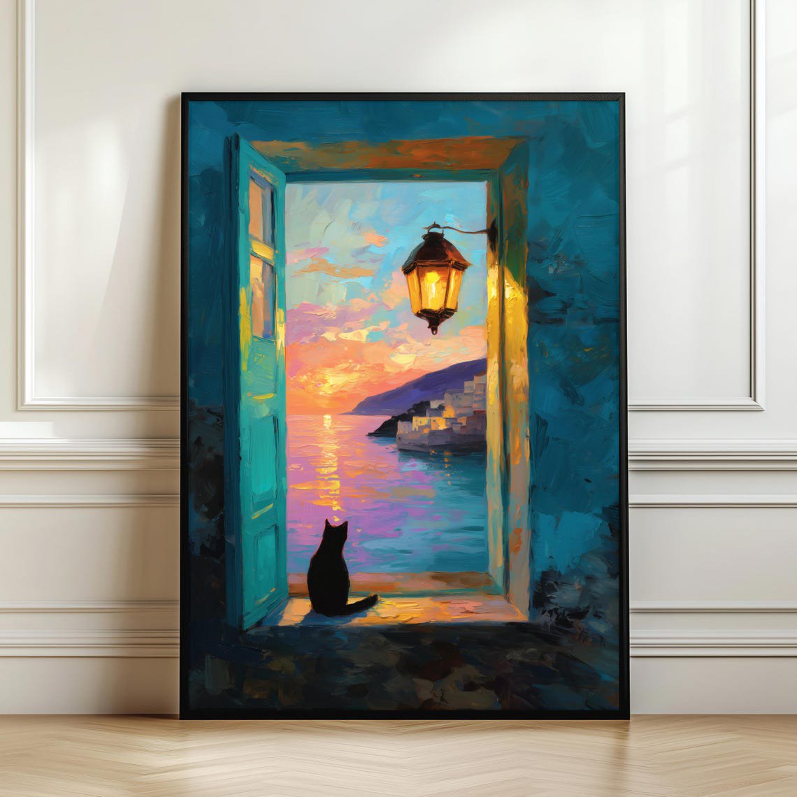 Cat Watching Sunset Window Mediterranean Coastal View Romantic Seaside Landscape Ocean Decor