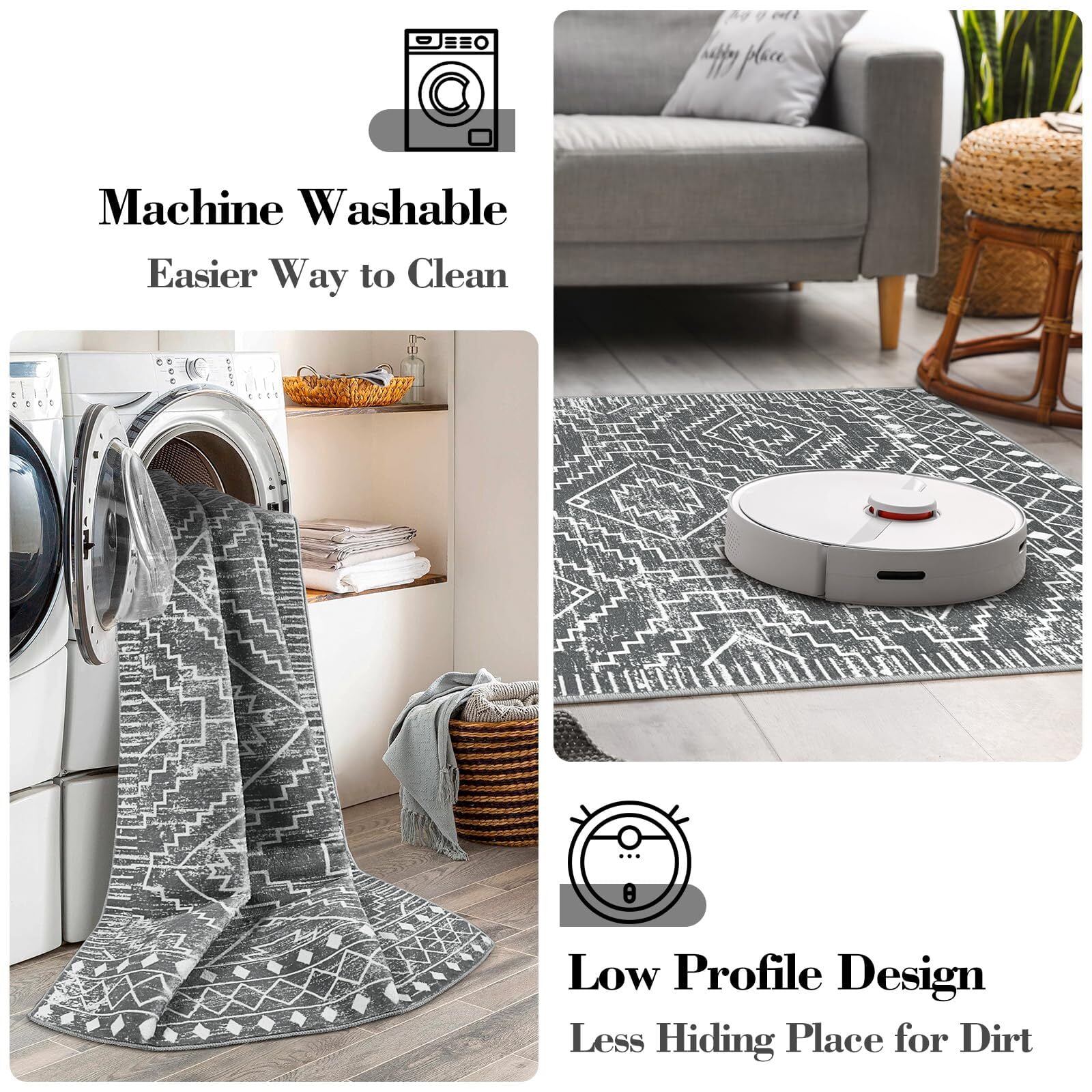 Lahome 3'x5'Washable Area Rug, Boho Living Room Rug, Non-Slip Farmhouse Rustic Bedroom Throw Mat, Non-Shedding Soft Geometric Floor Carpet for Kitchen Entry Office,Dark Grey