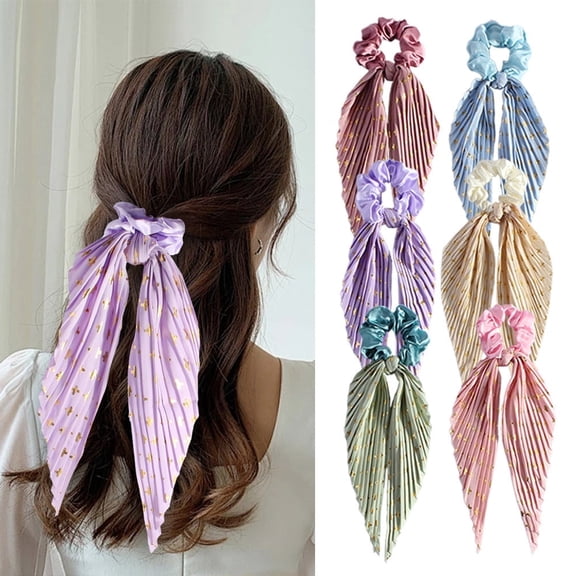 DUAIU 6-Pack Bow Hair Scrunchies - Glitter Satin Ribbon Hair Ties for Women & Girls | Reusable Ponytail Holders, Hairbands & Hair Accessories | Colorful Knotted Bows (6 Colors)