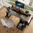 thumbnail image 3 of UHOMEPRO Computer Desk, 47" Home Office Desk with Power Outlet, Monitor Stand, 2 Drawers, Reversible Desk with Storage Bag and Hook, Writing Study Desk Gaming Desk, Rustic Brown and Black, 3 of 7