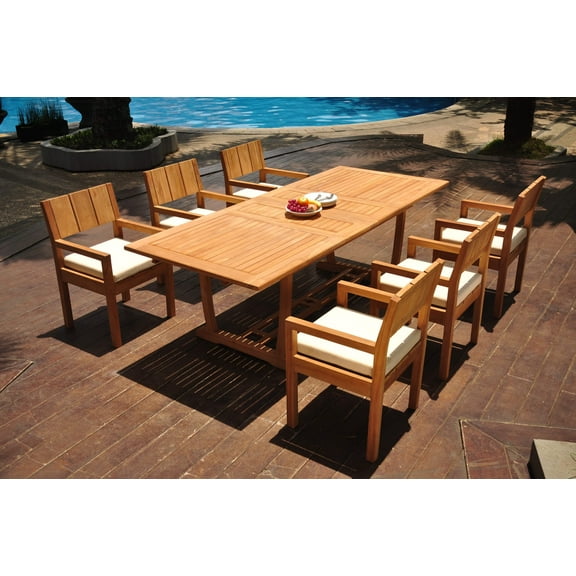 Grade-A Teak Dining Set: 6 Seater 7 Pc: 94" Double Extension Mas Rectangle Trestle Leg Table And 6 Veranda Arm Chairs Patio WholesaleTeak #WMVR65