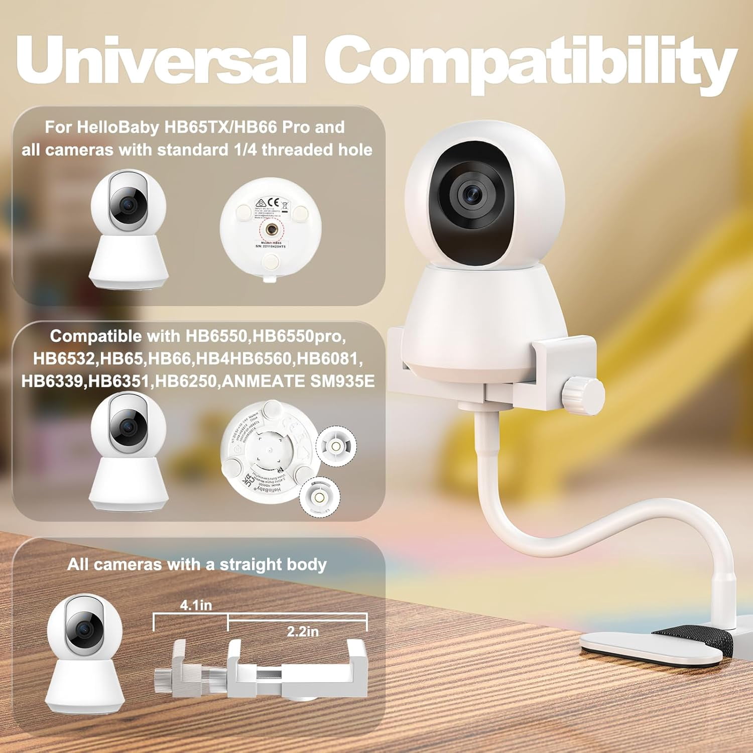 Universal Baby Monitor Mount 2026 Upgraded - Adjustable Gooseneck Flex Stand for Crib - Secure Clip Clamp Holder Compatible with HelloBaby HB6550/HB65/HB66, Nanit Pro, VTech & Most Baby Monitors