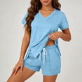thumbnail image 2 of Htigea Womens V Neck T Shirts & Elastic Waist Shorts Matching 2 Piece Sets Summer Casual Loose Fit Everyday Outfits Light Blue XL, 2 of 6