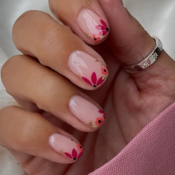 Blue Press on Nails Medium French Tip Fake Nails Square Glue on Nails Ombre Translucent Nails Press ons White Lines Acrylic Nails Medium False Nails for Women 24 Pcs Blue-1 Red Flowers