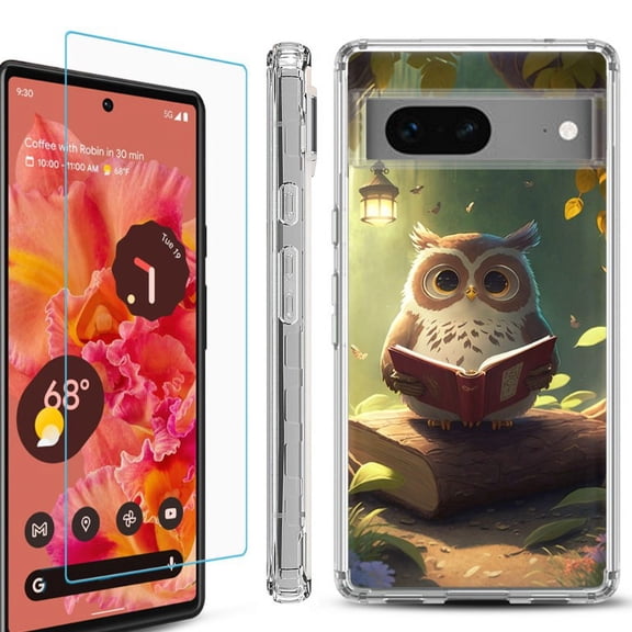 OneToughShield ® Compatible with Google Pixel 8, Shockproof Phone Case, with Tempered Glass Screen Protector - Owl Reading