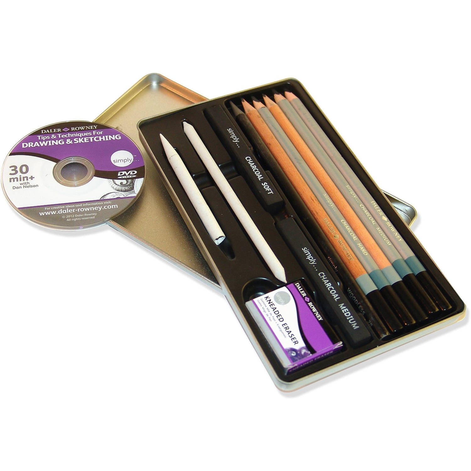 9 Pieces Daler Rowney Simply Pencil Charcoal Tin Set 