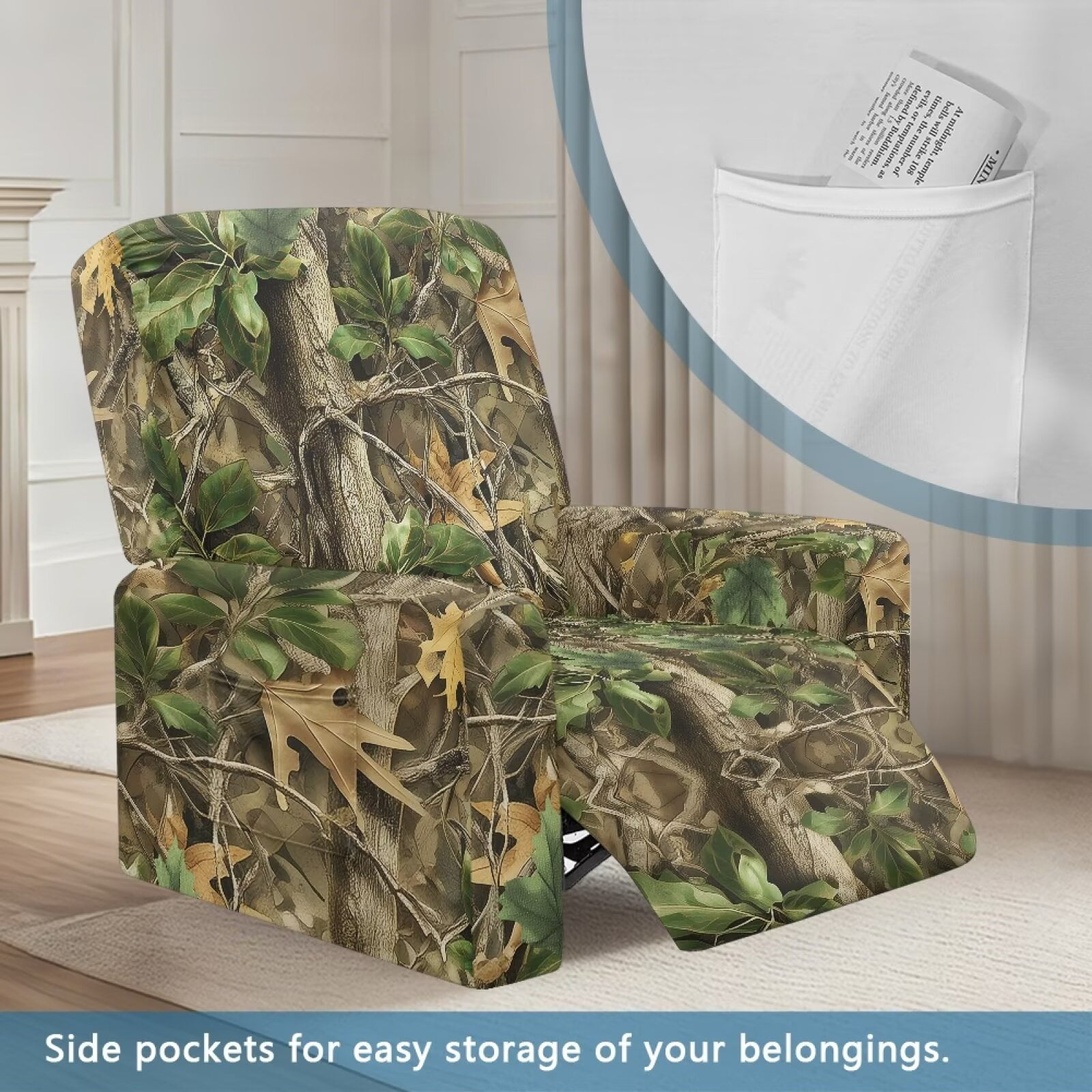 Yuyamidu Camo Reclining Chair Covers 4 Pieces Hunting Recliner Sofa Slipcovers with Pocket Easy to Install Single-Seater Sofa Slipcovers 4 Pieces Soft Furniture Protector