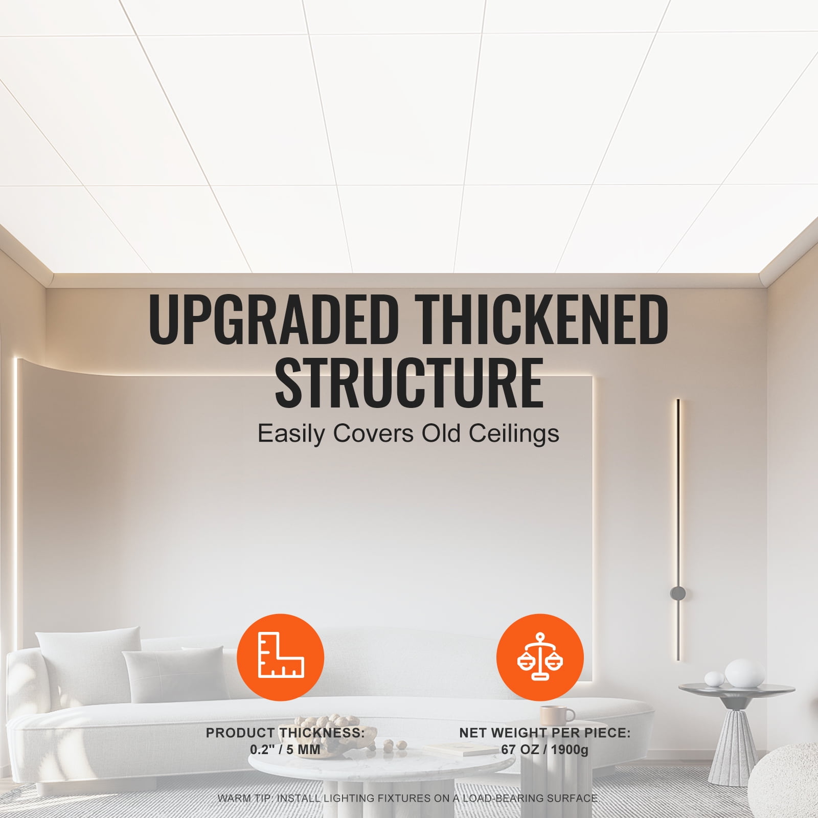 KFFKFF Ceiling Tiles, 10-Pack 24 x 48 in, Drop Ceiling Panels Made of Durable PVC Foam, Fire-Resistant with Flexible Design for Easy Installation, Ideal for Home or Office Décor, Smooth White Finish
