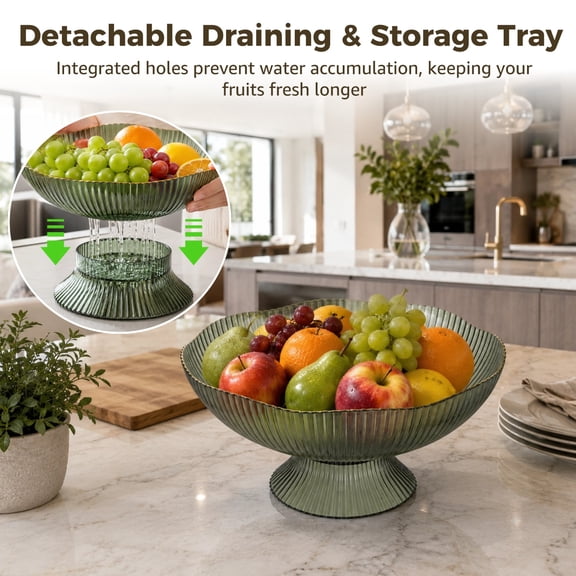 Decorative Pedestal Fruit Bowl, 10 x 4.5 in Green Plastic Fruit Bowl with Detachable Draining Tray, Petal Shaped Serving Dish with Gold Rim for Kitchen, Countertop, Snack Storage, Home Decor