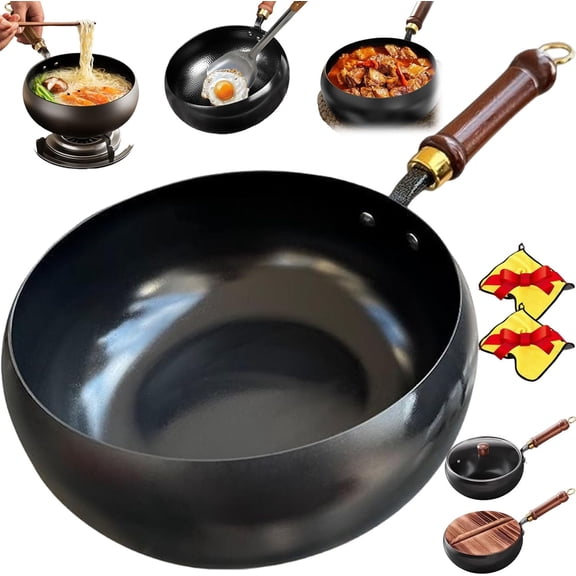 Uncoated Thick Iron Pot, Japanese Cast Iron Cookware, Multifunctional Non-Stick Cast Irons Wok with Lid, Hand-Hammered Traditional Wok, High Purity Irons Frying Pan for Cooking