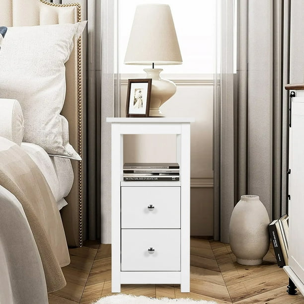 Side Table with Drawers and Charging Station, Sesslife Wood Narrow End