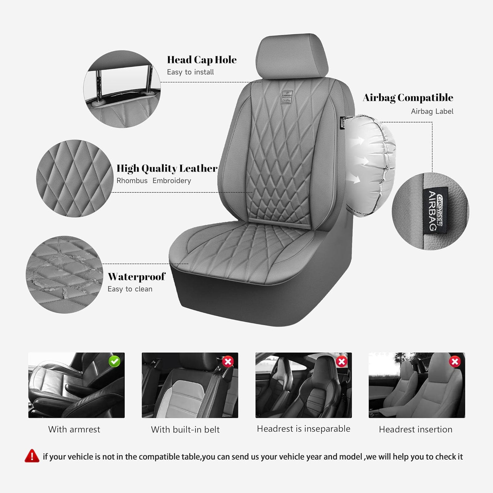 CAR GRAND Piping Luxury Faux PU leather Full Set Car Seat Covers Water Proof Armrest Airbag Compatible Universal Fit SUV VAN Truck All gray