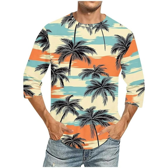 Zynviq Mens Shirt 3/4 Sleeve Orange Hawaiian Printed Fitness Cusual Soft T-Shirt Tops for Men 2025 L