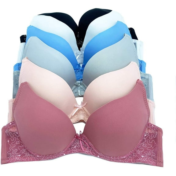 6 Pieces Full Cup Embroidery Demi Plain/Lace Push Up Bra B C Cup (38B)