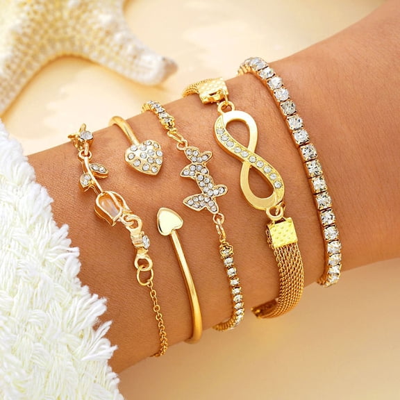 SmartBy 5Pcs/Set Women Stackable Rhinestone Bracelets Alloy Tulip Butterfly Bracelets Layered Cuff Chain Bracelets Jewelry for Party Dating